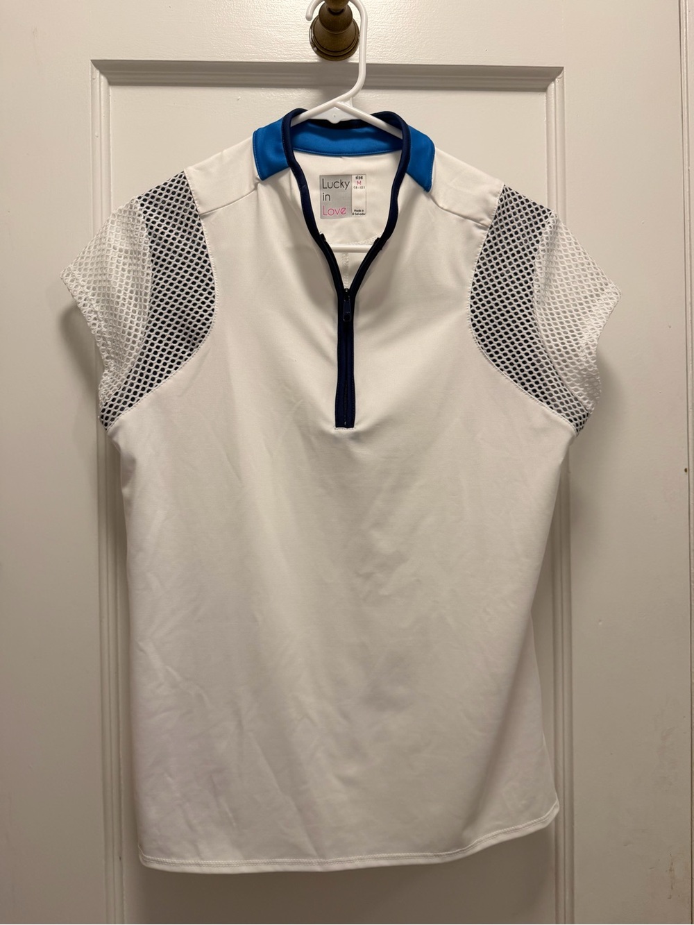 Lucky in Love White Athletic Polo with Blue Trim